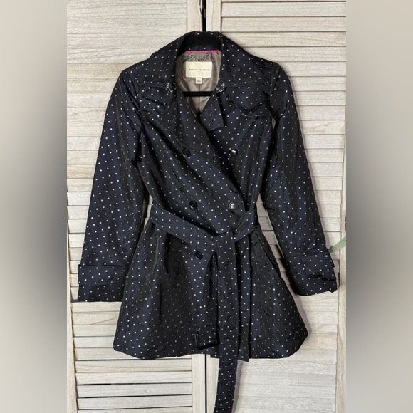 Banana Republic Navy Polka Dot Trench Coat Small Great Condition Preppy Classic - Picture 2 of 11